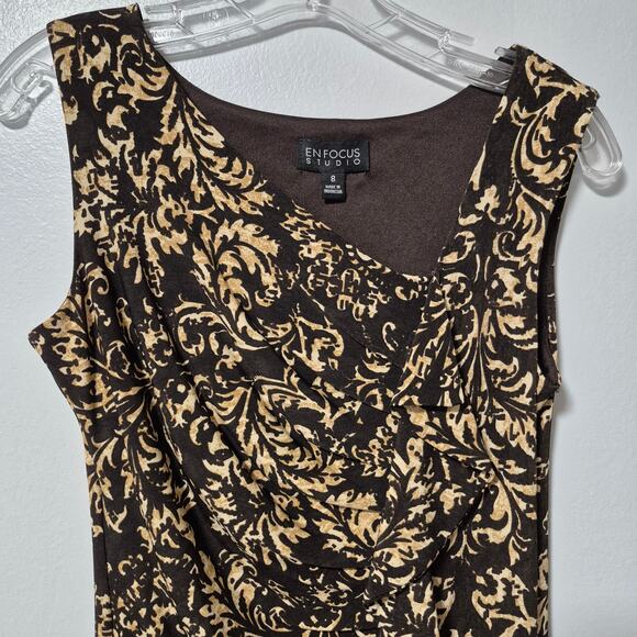 Enfocus Studio Womens Sleeveless Dress Brown Beige Size 8 Stretch Front Ruffle - Picture 3 of 9